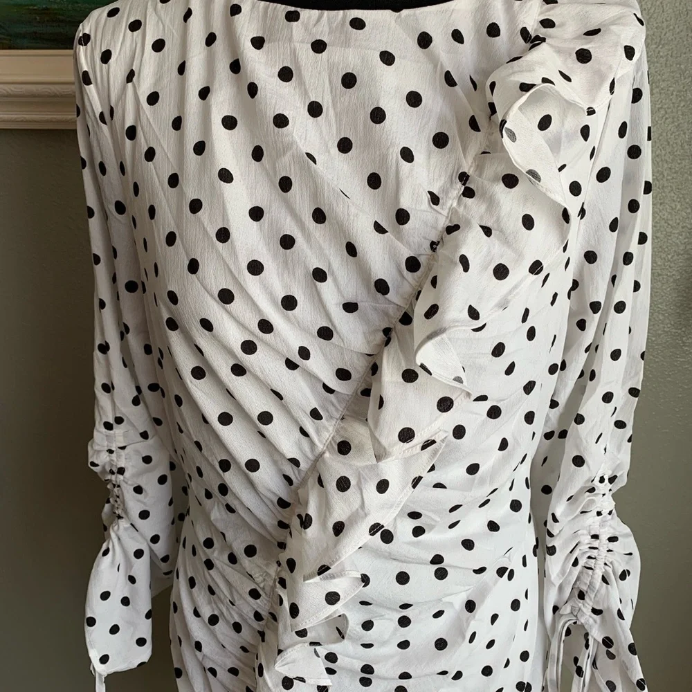Blue Bush Black & White Polka Dot Ruffle Ruched Woven Dress Size Large